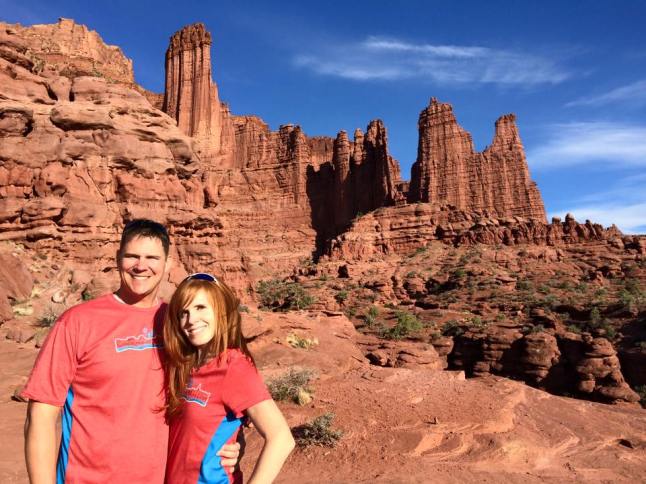 My husband and I sporting our race shirts at Fisher Towers after the 2015 Moab Canyonlands Half Marathon