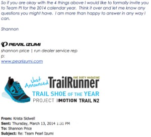 Krista Miner Sidwell's Acceptance letter for 2014 Team Pearl Izumi.